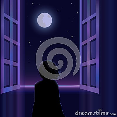 Silhouette of a little child is standing near the window and looking at the moon and starry sky. Vector Illustration